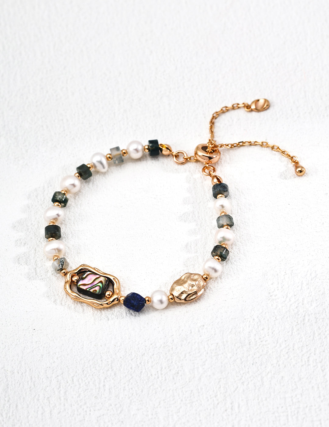 Artistically Set Sterling Silver Natural Pearl Bracelet with Lapis Lazuli, Moss Agate & Iridescent Abalone Shell
