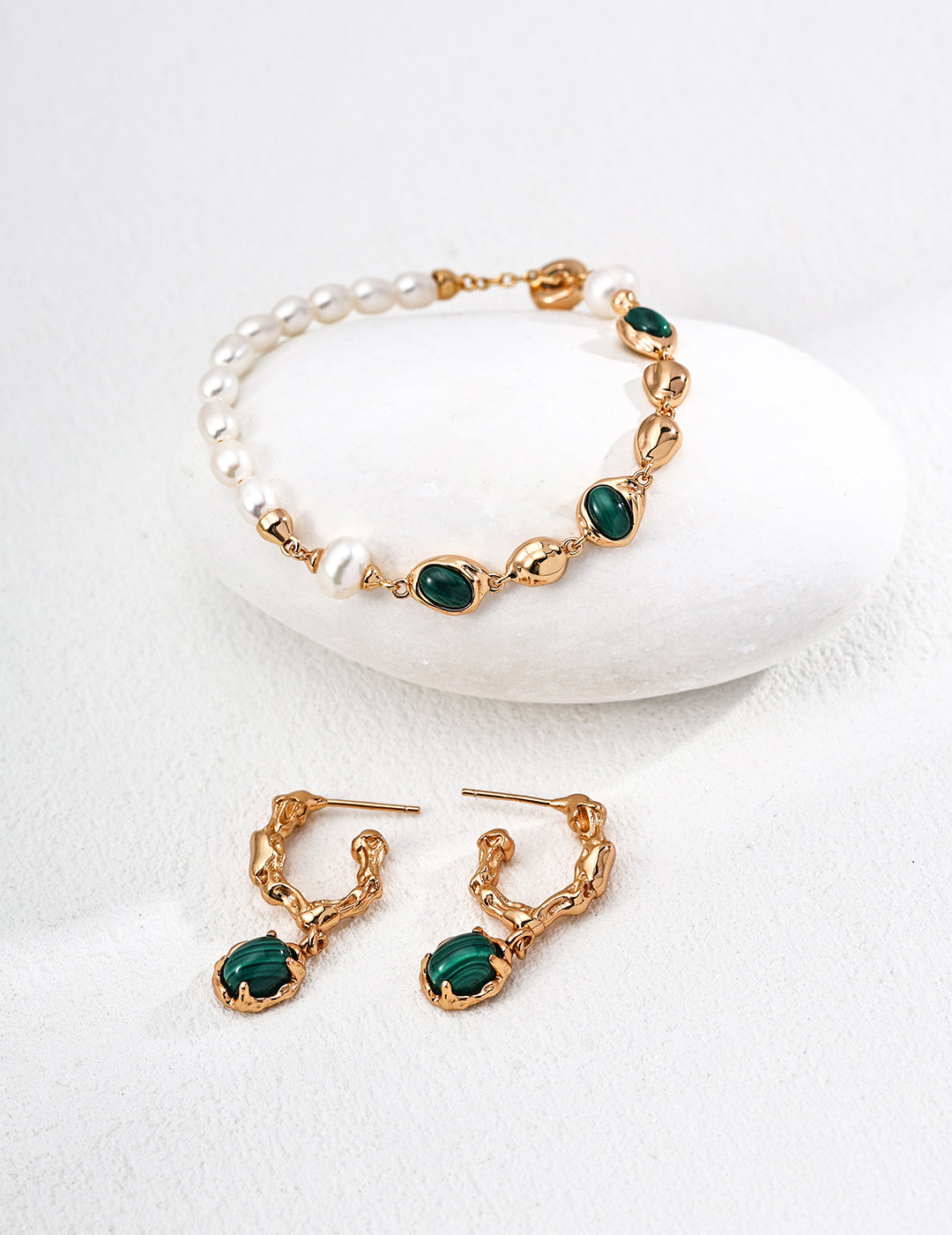 Fashion Sterling Silver Natural Pearl & Malachite Bracelet