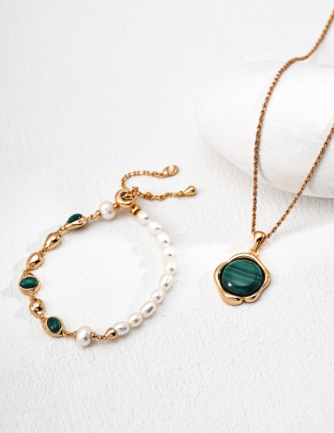 Fashion Sterling Silver Natural Pearl & Malachite Bracelet