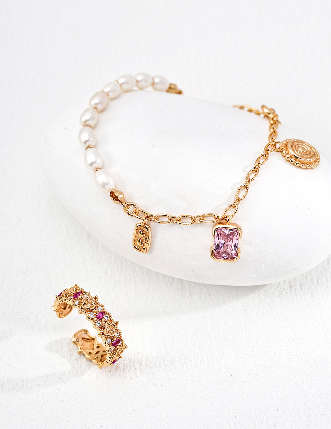 Vintage Style Sterling Silver Natural Pearls & Cubic Zirconia Bracelet (Adjustable)