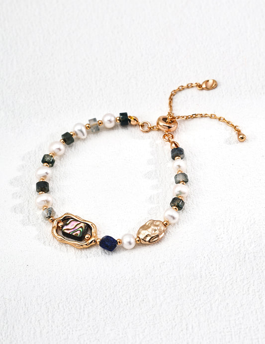 Artistically Set Sterling Silver Natural Pearl Bracelet with Lapis Lazuli, Moss Agate & Iridescent Abalone Shell