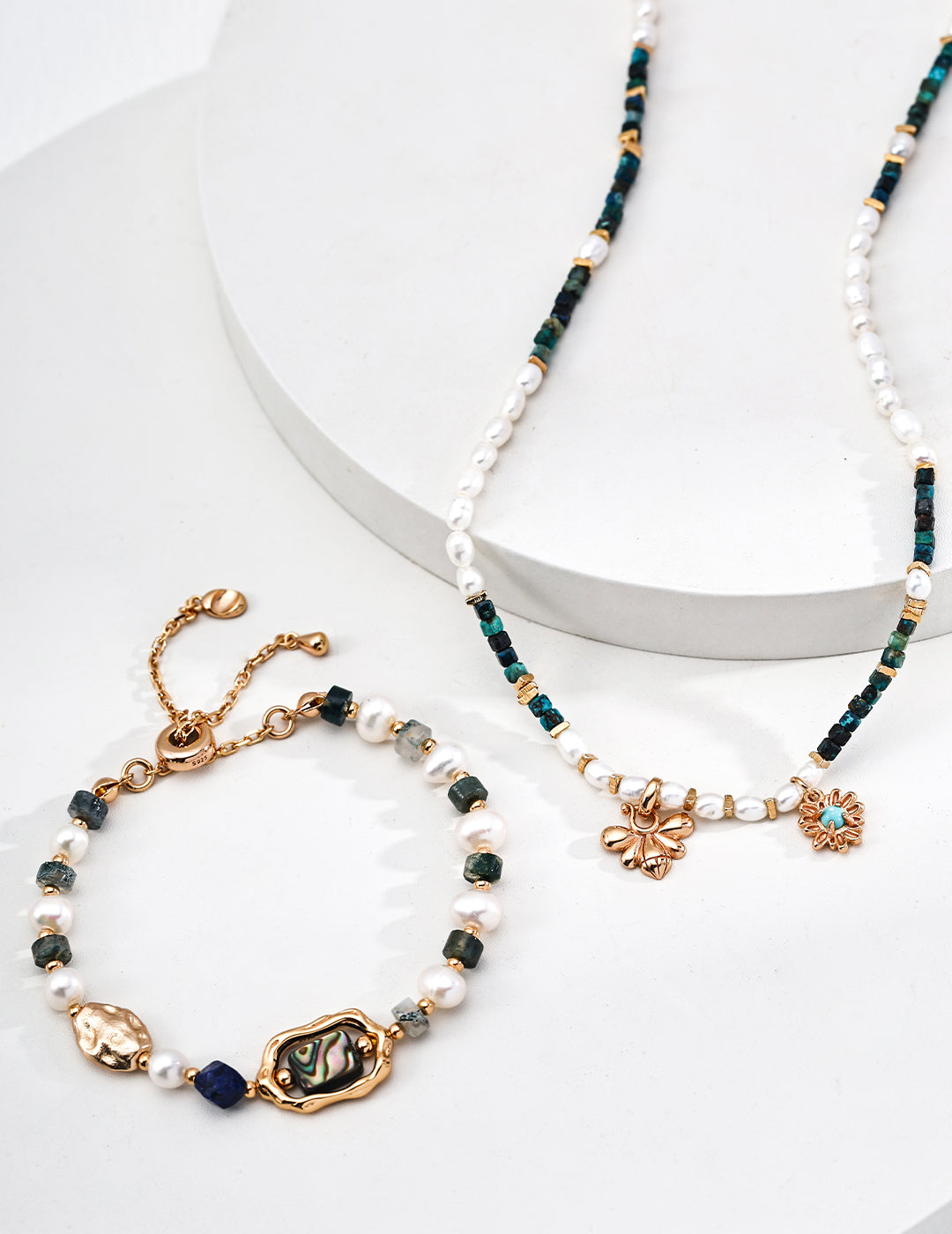 Artistically Set Sterling Silver Natural Pearl Bracelet with Lapis Lazuli, Moss Agate & Iridescent Abalone Shell