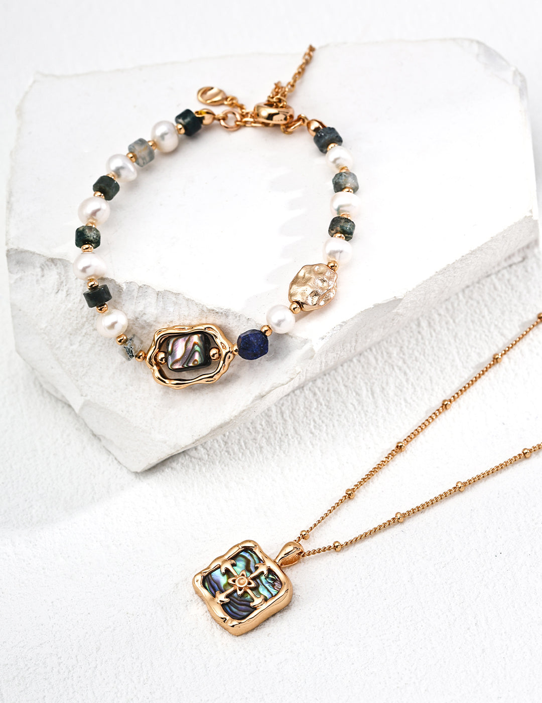 Artistically Set Sterling Silver Natural Pearl Bracelet with Lapis Lazuli, Moss Agate & Iridescent Abalone Shell