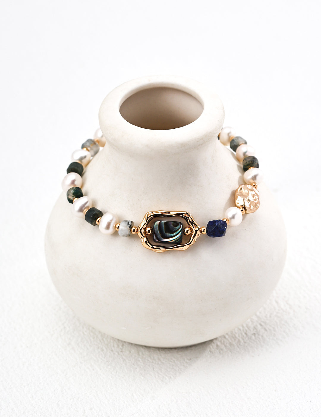 Artistically Set Sterling Silver Natural Pearl Bracelet with Lapis Lazuli, Moss Agate & Iridescent Abalone Shell
