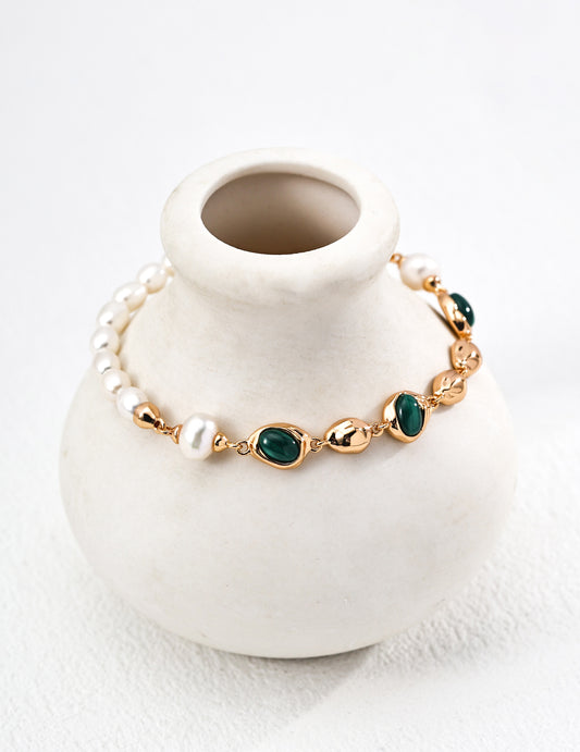 Fashion Sterling Silver Natural Pearl & Malachite Bracelet