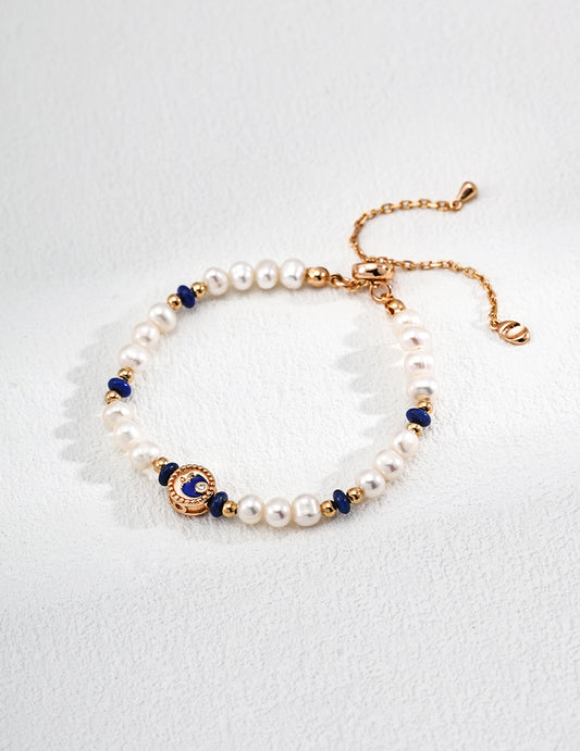 Vintage Sterling Silver Natural Pearl and Lapis Lazuli Bracelet