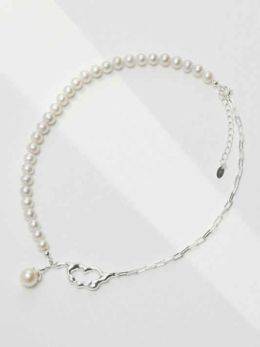 10MM Large-Sized Flawless Round Pearl Necklace in Natural Silver Finish