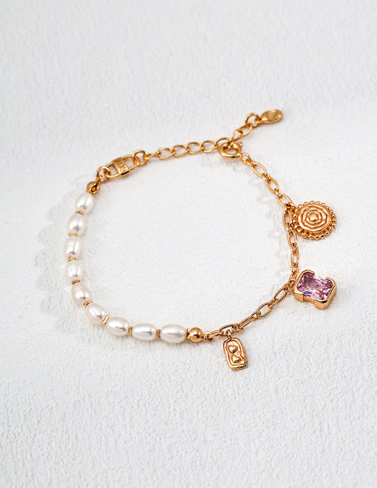 ‌Vintage Style Sterling Silver Natural Pearls & Cubic Zirconia Bracelet (Adjustable)