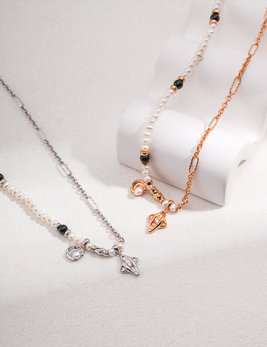 Crescent & Star Design Collection: Sterling Silver Pearl Necklace