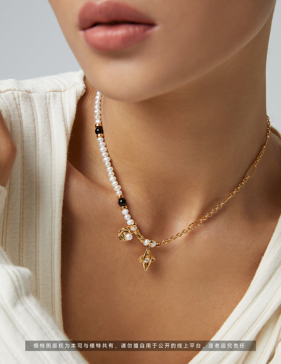 Crescent & Star Design Collection: Sterling Silver Pearl Necklace