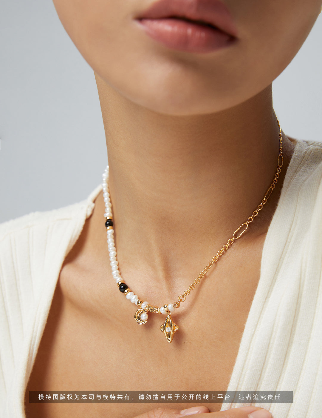 Crescent & Star Design Collection: Sterling Silver Pearl Necklace